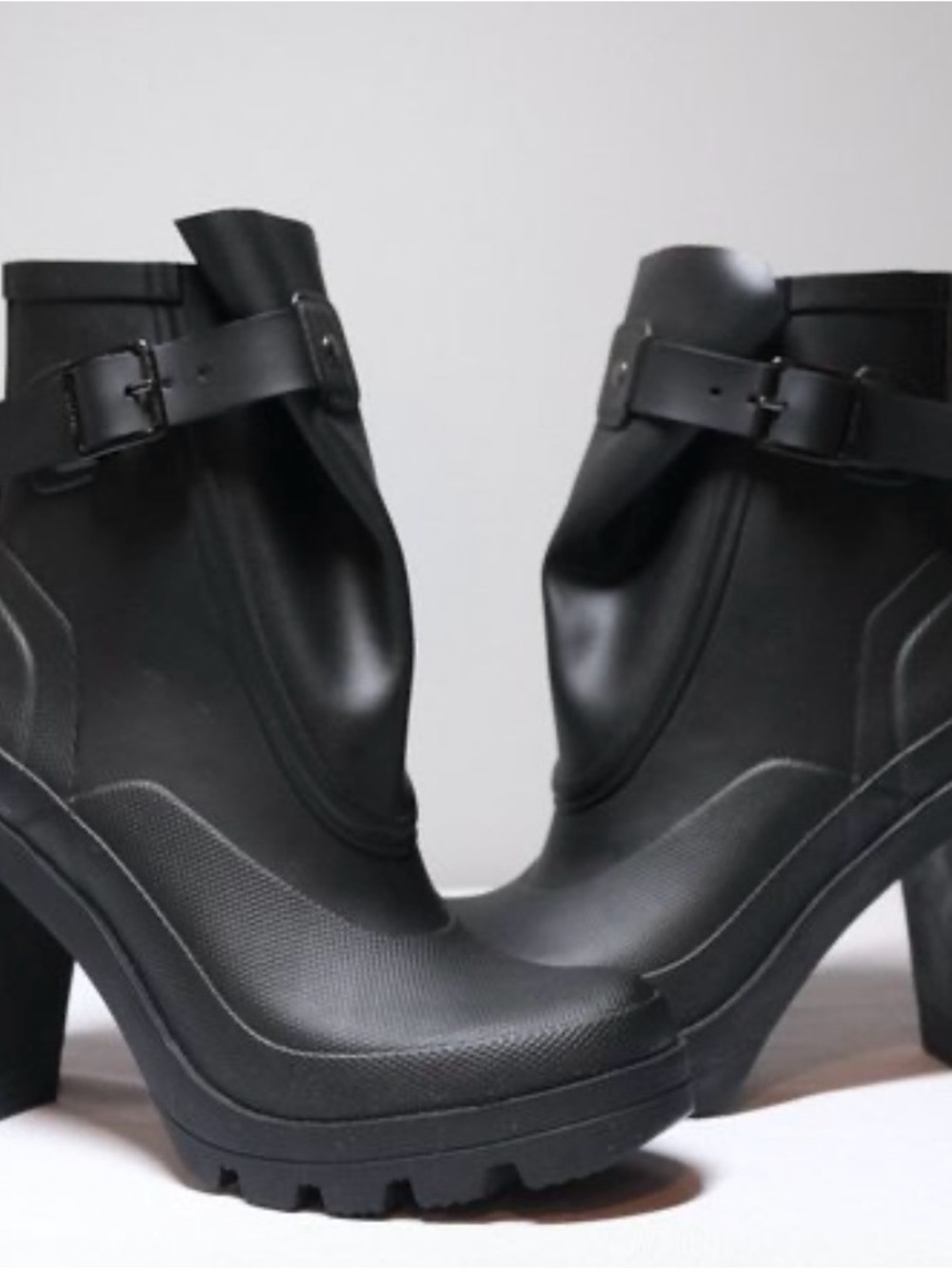 Hunter Black Heeled Ankle Rain Boots with Buckle